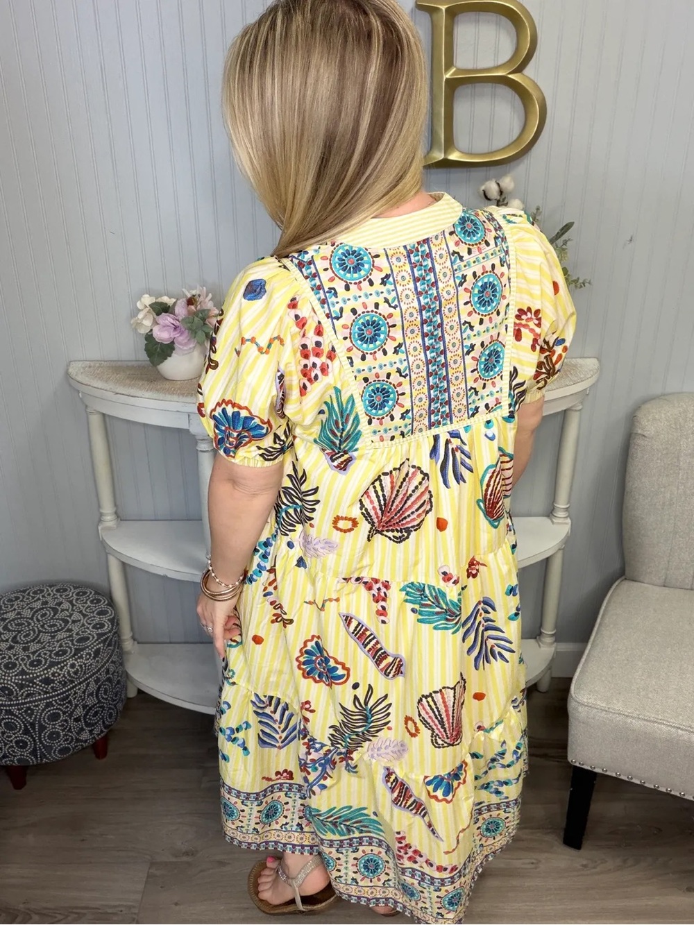 NWT Umgee Yellow Red Vertical Striped Nautical Seashell Midi Dress - Picture 2 of 3